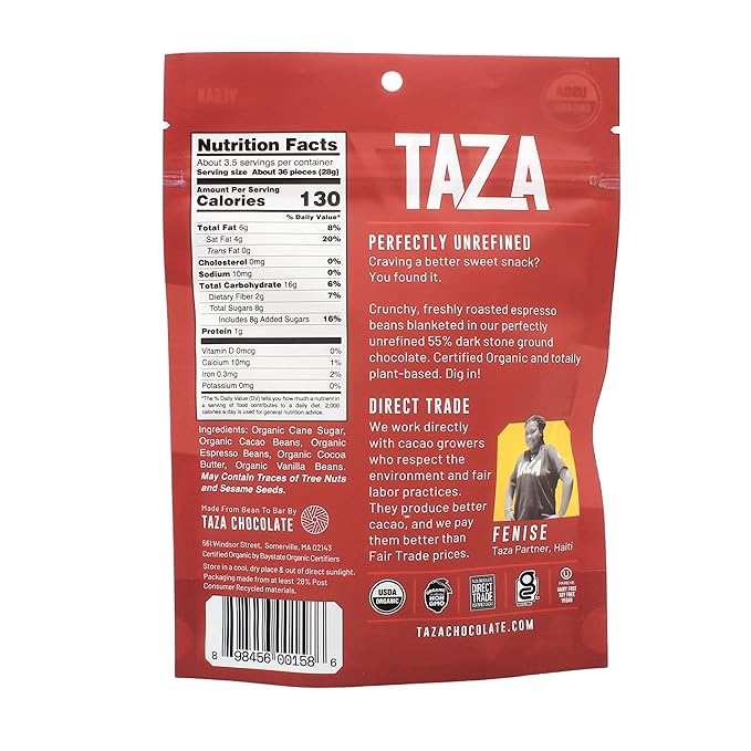 Taza Chocolate Organic Chocolate Covered Espresso Beans 55% Dark Chocolate Vegan 3.5 Ounce (12 Count)