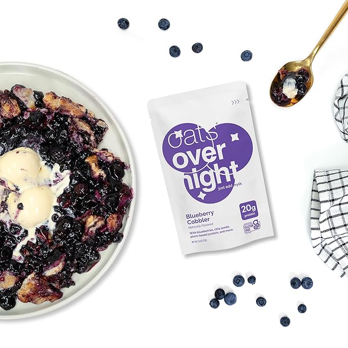 Oats Overnight - Blueberry Cobbler (8 Pack) Dairy Free High Protein Low Sugar Breakfast - Gluten Free High Fiber Non GMO Oatmeal (2.5oz per pack)