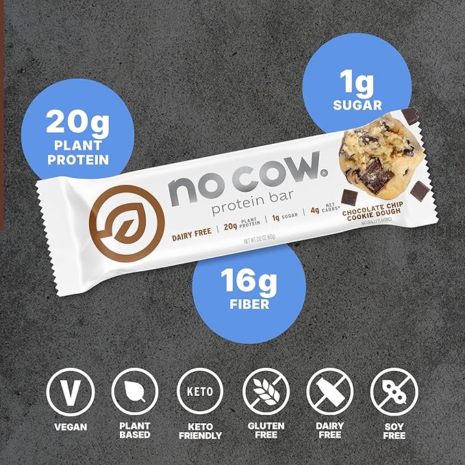 No Cow Vegan Protein Bars Upgraded Chocolate Chip Cookie Dough | 20g Plant Based Protein Gluten Free Dairy Free Soy Free Keto Friendly Low Sugar High Fiber Snack Bars | Pack of 12