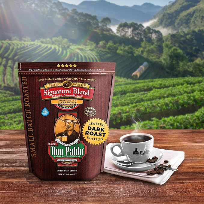 Don Pablo Signature Blend - Limited Edition Dark Roast Gourmet Coffee 100% Arabica Whole Bean Non-GMO Low Acidity 2 Pound (2 lb) Bag