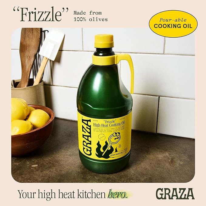 Graza Frizzle High Heat Cooking Oil - Cooking Oil with a High Smoke Point &amp Neutral Flavor in a Squeeze Bottle for Frying Baking &amp Grilling - Oil Made from 100% Olives - 2L (67.6 Fl Oz)