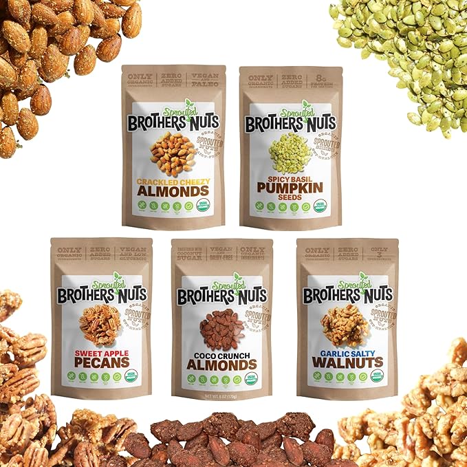 Brothers Nuts Variety Pack – Organic Sprouted Nuts &amp Seeds – Five Delicious Flavors – Healthy Keto Snacks – Vegan Gluten-Free Kosher – No Preservatives (6 oz)