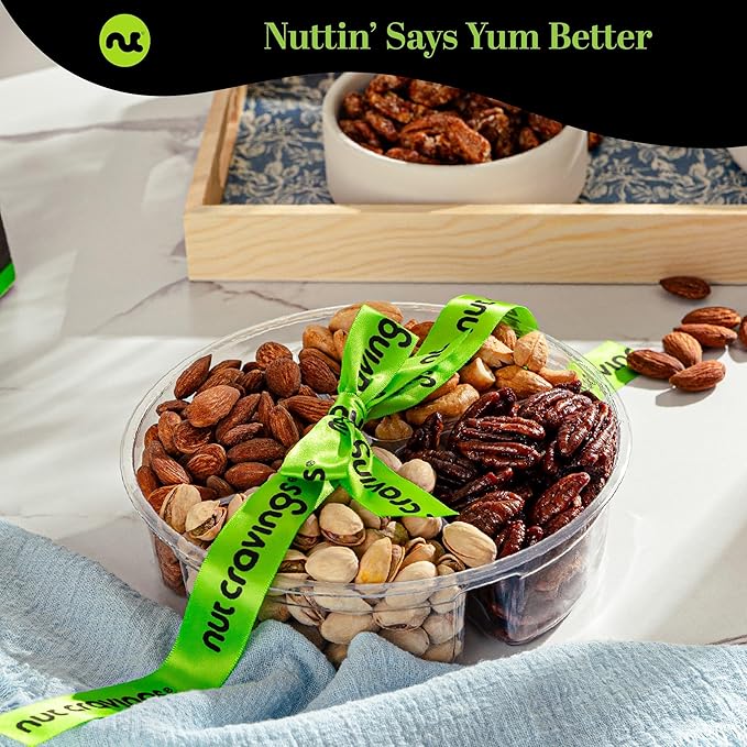NUT CRAVINGS - Easter Mixed Nuts Gift Basket + Green Ribbon (4 Assortments) Ramadan Gifts Saint Patrick's Day Treats for Adults Food Arrangement Healthy Snack Care Package Kosher