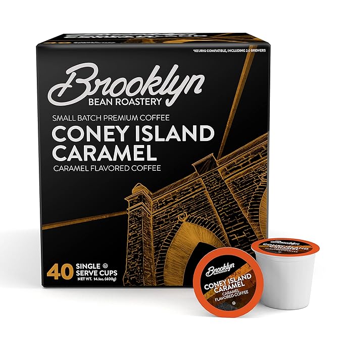 Brooklyn Beans Coney Island Caramel Gourmet Coffee Pods - Compatible with Keurig K Cup Brewers Including 2.0 Machines 40 Count Rich and Creamy Caramel