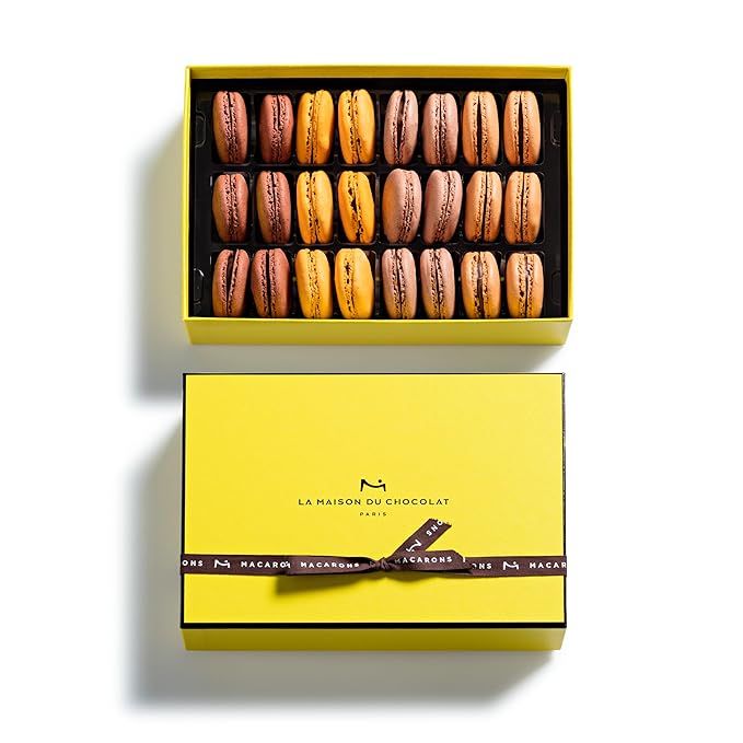 LA MAISON DU CHOCOLAT Macaron Gift Box - Gourmet French Dark Chocolate Filling with Shells in Assorted Flavors (24 Pieces)