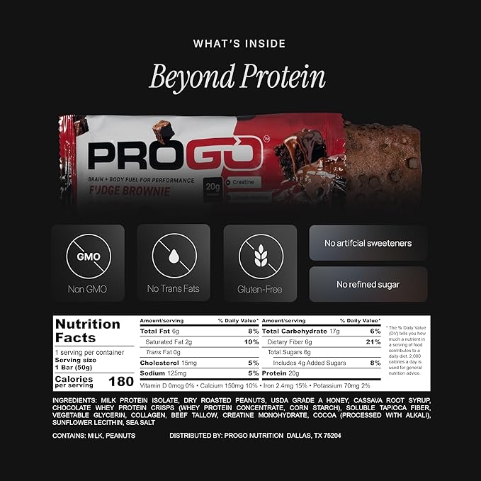 ProGo Protein Bars (12 Pack) – Brain + Body Fuel with 20g Clean Protein Creatine &amp Collagen Peptides Made with 95% Pure Isolate Grass-Fed Beef Tallow No Fillers Naturally Sweetened with Honey