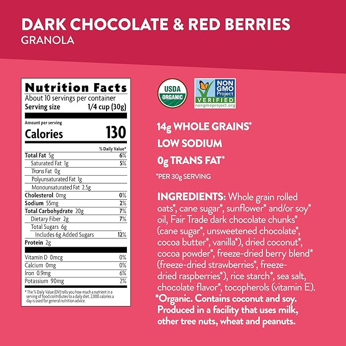 Love Crunch Organic Dark Chocolate &amp Red Berries Granola 11.5 oz (Pack of 6) Vegan Non-GMO Fair Trade by Nature's Path