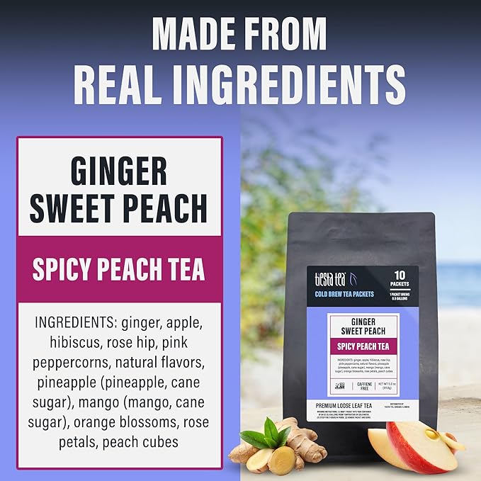 Tiesta Tea - Ginger Sweet Peach Cold Brew Tea Loose Leaf Spicy Peach Herbal Blend Premium Non-Caffeinated Iced Blend Cold Brew Packets Makes 64 oz of Pitcher Per Bag (Pack of 10)