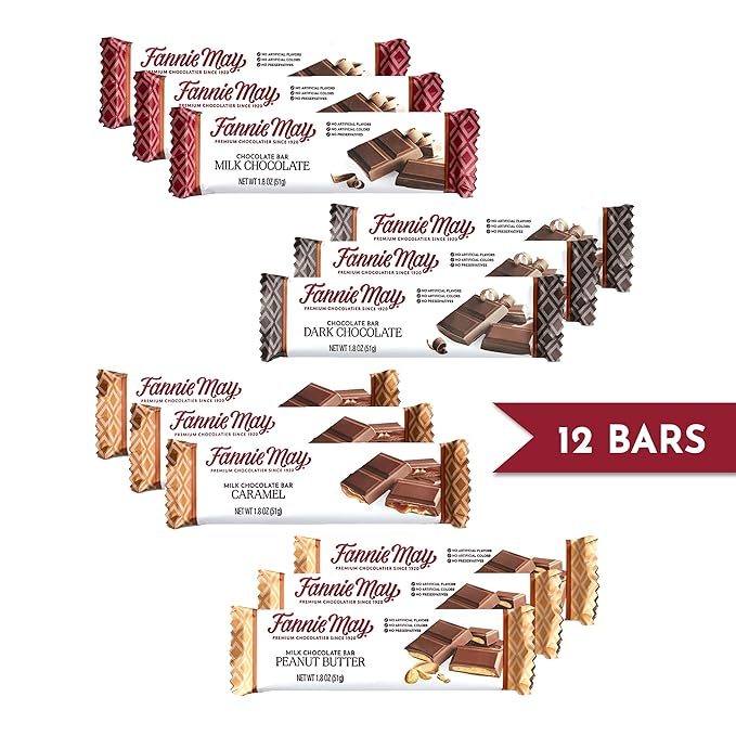 Fannie May 12 Chocolate Candy Bars Milk Chocolate Caramel Peanut Butter and Dark Chocolate Variety Pack 1.8 oz Each