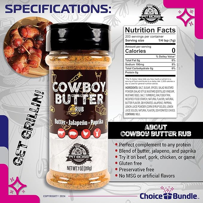 Pit Boss Cowboy Butter Premium Barbecue Mixed Seasoning Spice &amp Rub 4 pk Choice Bundle (28 oz) + Guide &amp Keychain Bottle Opener (6 Items)!