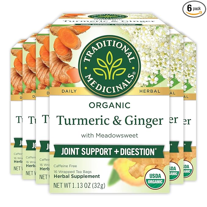 Traditional Medicinals Organic Turmeric with Meadowsweet &amp Ginger Herbal Tea Supports A Healthy Response To Inflammation16 Count (Pack of 6)