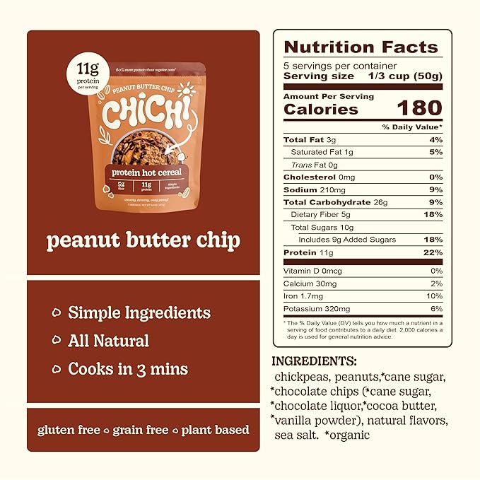 ChiChi – Protein Hot Cereal | Peanut Butter Chip (8.8 oz x 4 pouches 20 servings) —Made with Chickpeas Protein-Packed (11g) High Fiber Made with Simple Ingredients Gluten Free Grain Free Vegan