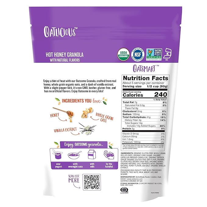 Oatsome Hot Honey Granola 5g Protein Gluten Free Made with Real Honey Whole Grain Organic Oats &amp Chili Pepper Flavor for Protein Snacks Cereals Breakfast Yogurt 10 Oz Bag (Pack of 4)