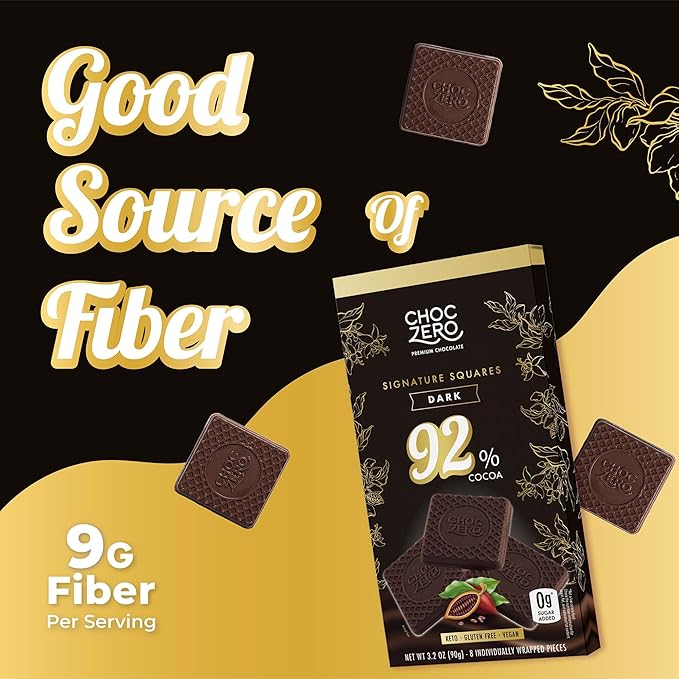 ChocZero 92% Cocoa Ultimate Dark Chocolate Squares – Sugar Free Vegan Keto Friendly &amp High Fiber No Sugar Alcohols – 4 Count (3.2 oz Boxes)