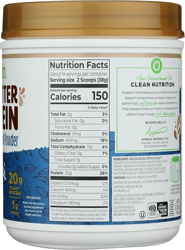 Orgain X Justin's ® Organic Vegan Nut Butter Protein Powder Vanilla Almond Butter- 20g Plant Protein 1g Sugar Gluten Free No Dairy Soy Ingredients or Artificial Flavors 1.17 lb