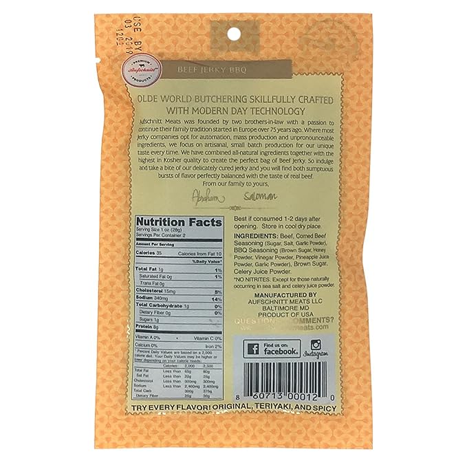 Aufschnitt Beef Jerky - Barbecue - 12 pack (2 oz each) - Kosher Glatt Star-K Certification Gluten Free All Natural No Nitrites Grass Fed Beef