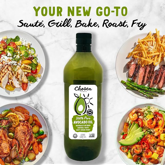 Chosen Foods 100% Pure Avocado Oil Keto Diet Friendly Kosher Oil for Baking High-Heat Cooking Frying Homemade Sauces Dressings and Marinades (1.25 liters)(42.3 fl oz)