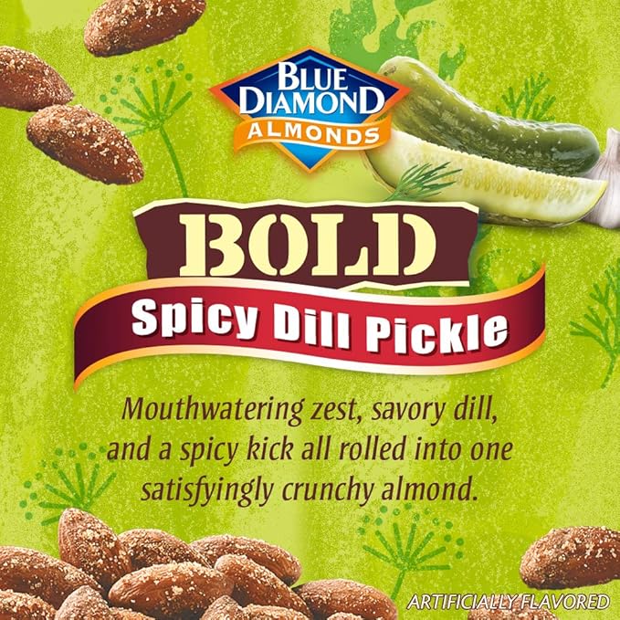 Blue Diamond Almonds Bold Spicy Dill Pickle Flavored Snack Nuts Single Serve Bags (1.5 Oz. Tubes Pack of 12)