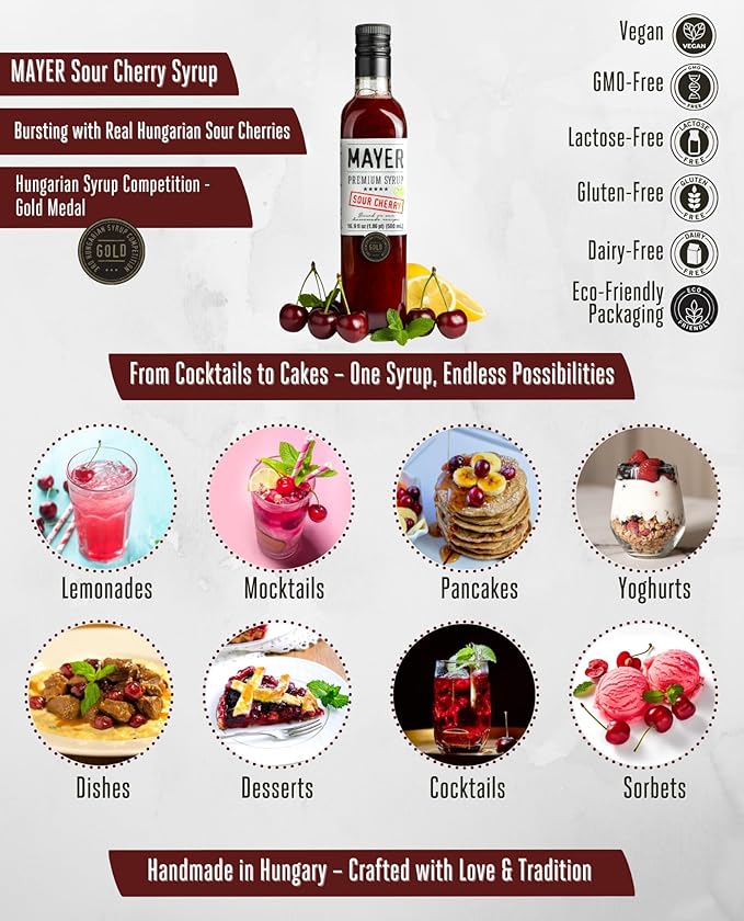 Mayer Sour Cherry Syrup – Award-Winning Cherry Syrup for drinks All-Natural Gluten-Free (16.9 oz) – Ideal Cocktail &amp Drink Mixer and Coffee Syrup No Artificial Additives. (2 Pack)