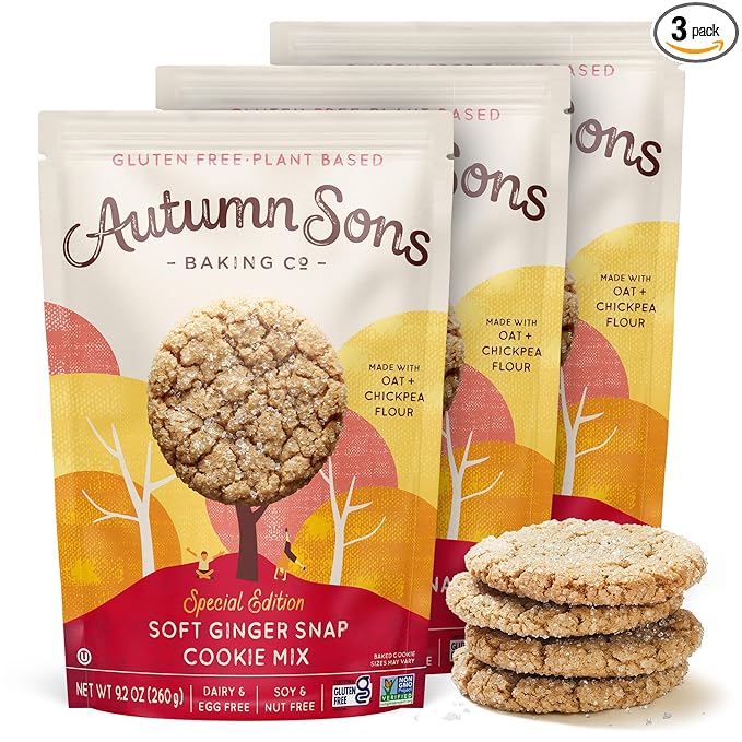 Autumn Sons Baking Co. Soft Ginger Snap Gluten Free Cookie Mix. Special Edition. Fall &amp Winter Baking. Christmas Cookies Vegan Plant Based. Dairy Soy &amp Nut Free. Top 9 Allergen Free. 9.2 oz