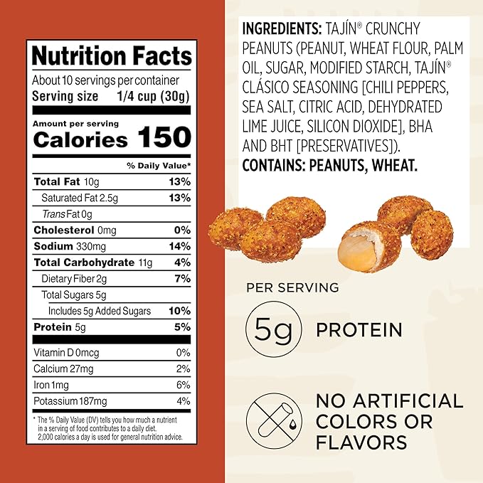 Snak Club Tajin Crunchy Peanuts Nuts with Chili and Lime Seasoning Mild No Artificial Colors or Flavors 10.5 oz Resealable Bags 3 Pack