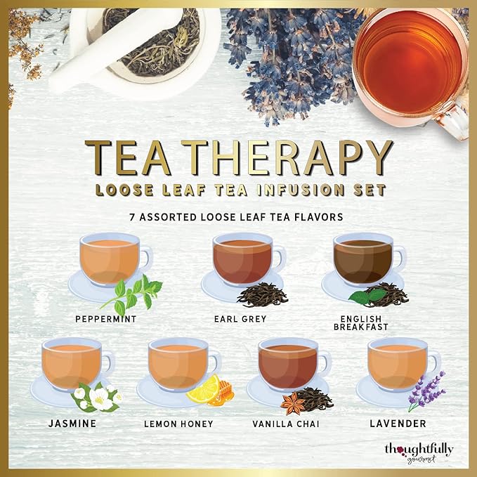 Thoughtfully Gourmet Tea Therapy Infusion Gift Set 7 Unique Flavors and Reusable Copper Ball Infuser Loose Leaf Tea Set Flavors Include Peppermint Jasmine Vanilla Chai and More Set of 7
