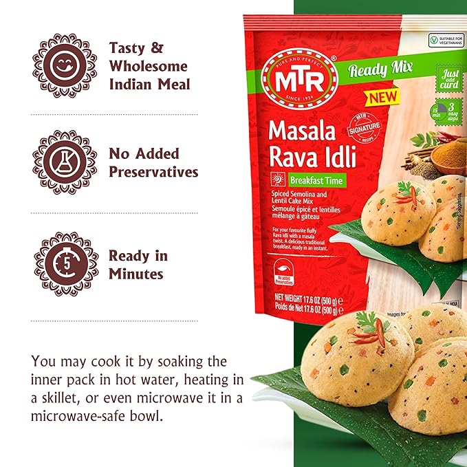 MTR Instant Masala Rava Idli Mix - Ready to Cook Authentic Indian Breakfast Lunch Dinner or Snack Meal - No Added Preservatives - A Quick &amp Easy Recipe Suitable for Vegetarians - (500g Pack of