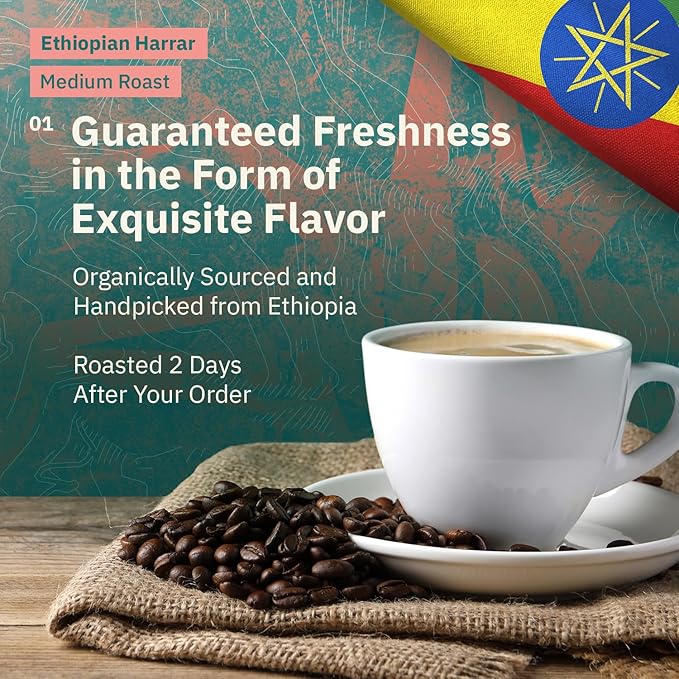 Organic Ethiopian Harrar Fine Espresso Grind Coffee – 2LB Single Origin Medium Roast Specialty Grade Chocolate &amp Fruity Notes Freshly Roasted