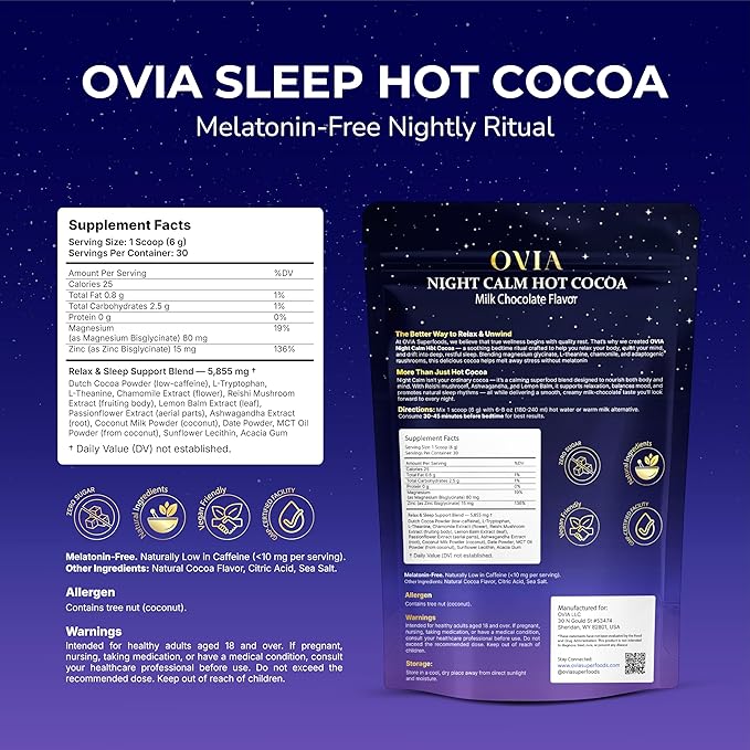 OVIA Night Calm – Melatonin-Free Magnesium Mushroom Hot Cocoa for Sleep – Nighttime Hot Chocolate with L-Tryptophan L-Theanine &amp Reishi – Relaxation Stress &amp Cortisol Support | 30 Servings