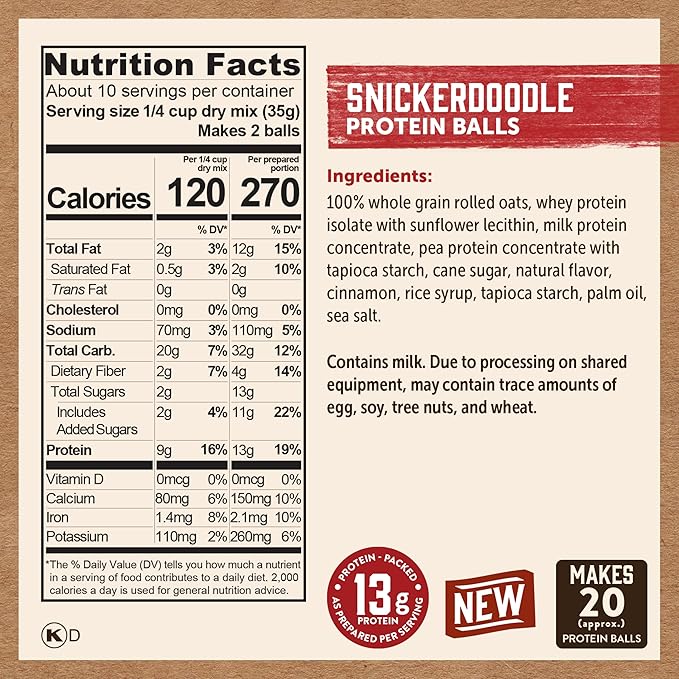 Kodiak Cakes Oatmeal Protein Ball Mix Snickerdoodle High Protein 100% Whole Grains (Pack of 6)