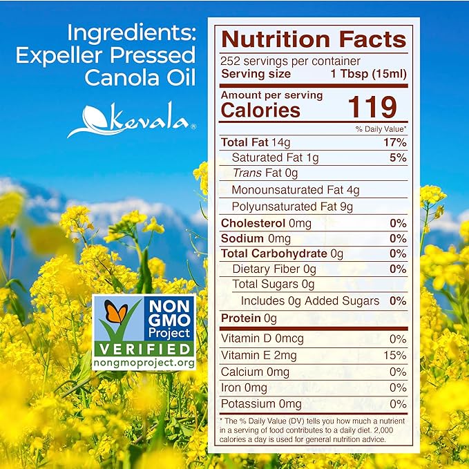 Kevala Canola Oil - Delicate Oil for Cooking and Baking with Mild Scent and Flavor Made with Carefully Selected non-GMO Seeds Great for Frying Crispy Snacks and Making Pasta Sauces 128 fl oz 1 gal