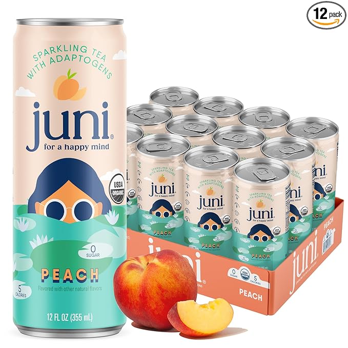 Juni Sparkling Adaptogen Drink with Ashwagandha Lion’s Mane &amp Reishi Mushrooms | Green Tea for Focus Zero Sugar 5 Calories Organic | Non Alcoholic Drinks - Peach 12 pack