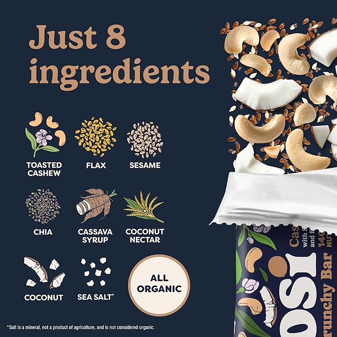 Tosi Meal Nut Bars Cashew Coconut Healthy Snacks for Adults &amp Kids Crunchy Plant Based Protein Bar (14G) Keto Snacks Vegan Gluten &amp Soy Free Low Sugar Omega 3s 2.4oz 12-Pack