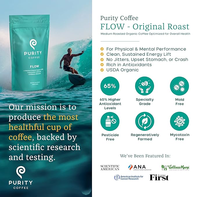 Purity Coffee FLOW Original Medium Roast Whole Bean (12oz Bag) | Specialty-Grade USDA Organic Arabica Blend | Third Party Tested for Mold Mycotoxins &amp Pesticides