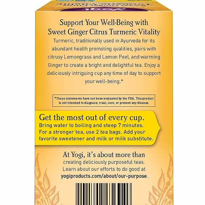 Yogi Tea Sweet Ginger Citrus Turmeric Vitality - 16 Bags per Pack (6 Packs) - Organic Ginger &amp Turmeric Root Tea - Supports Well-being - Includes Cinnamon Bark &amp More