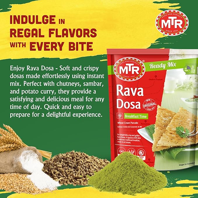 MTR Instant Rava Dosa Mix - Ready to Cook Authentic Indian Breakfast Lunch Dinner or Snack Meal - No Added Preservatives - A Quick &amp Easy Recipe Suitable for Vegetarians - (500g Pack of 3)