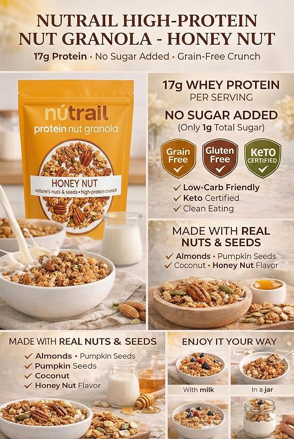Protein Nut Granola Honey Nut – 17g Protein No Sugar Added Made with Whey Protein Nuts &amp Seeds Keto Certified Gluten-Free Grain-Free Kosher 1g Sugar High Protein Crunch – 22 oz Resealable