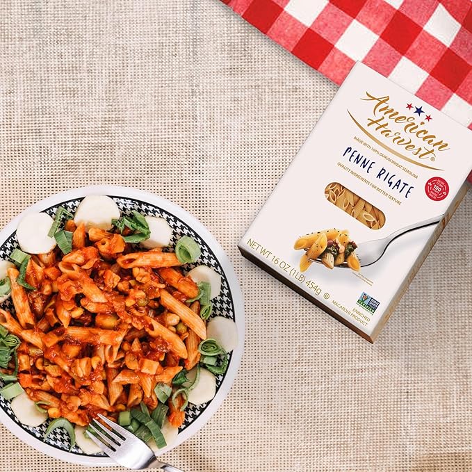 AMERICAN HARVEST Penne Rigate Enriched Durum Wheat 16 oz (12 Pack) | Made in America Non-GMO Fast-Cook Pantry Staple | 100 Years of Pasta-Making Expertise