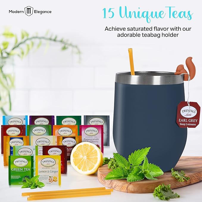 Tea Gifts for Women – Sampler Gift Basket with 15 Unique Blends Honey Sticks Stainless Tumbler &amp Gift-Ready Box (Blue/Blue box)