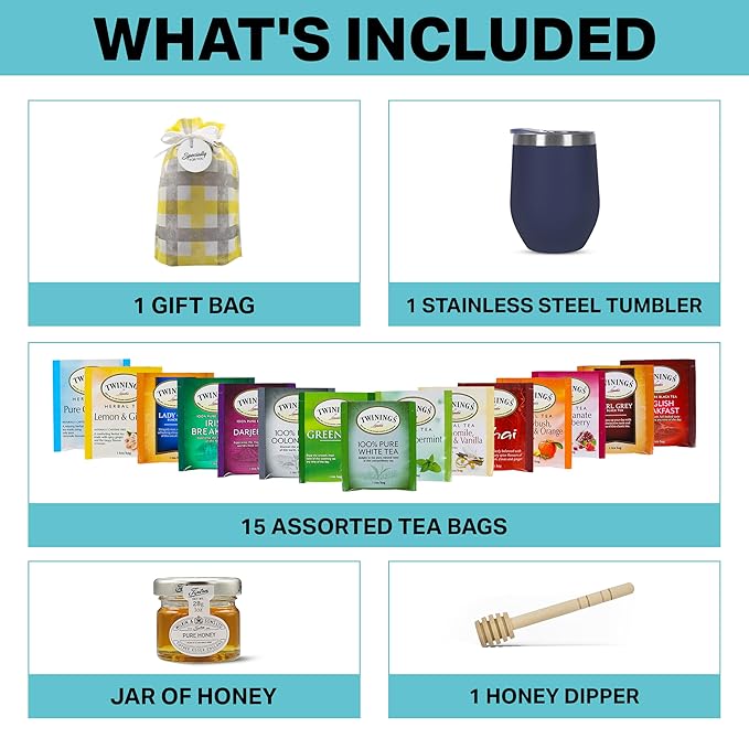 Tea Gift Set for Women &amp Men – Includes Assorted Teas Elegant Mug &amp Honey (Blue)