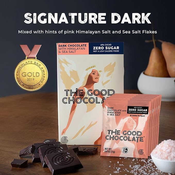 THE GOOD CHOCOLATE - Mini Himalayan Salt Chocolate Bars with Zero Sugar &amp Lower Net Carb - Keto Chocolate Bar Offers Lower Calorie Chocolate Candy - All Natural Non-GMO (Pack of 10)