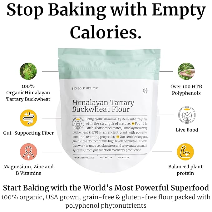 BIG BOLD HEALTH Organic Himalayan Tartary Buckwheat Flour - Gluten Free | Rich in Polyphenols &amp Antioxidants | 100% USDA Organic Grain-Free Flour | Non-GMO | USA Grown (2lb)
