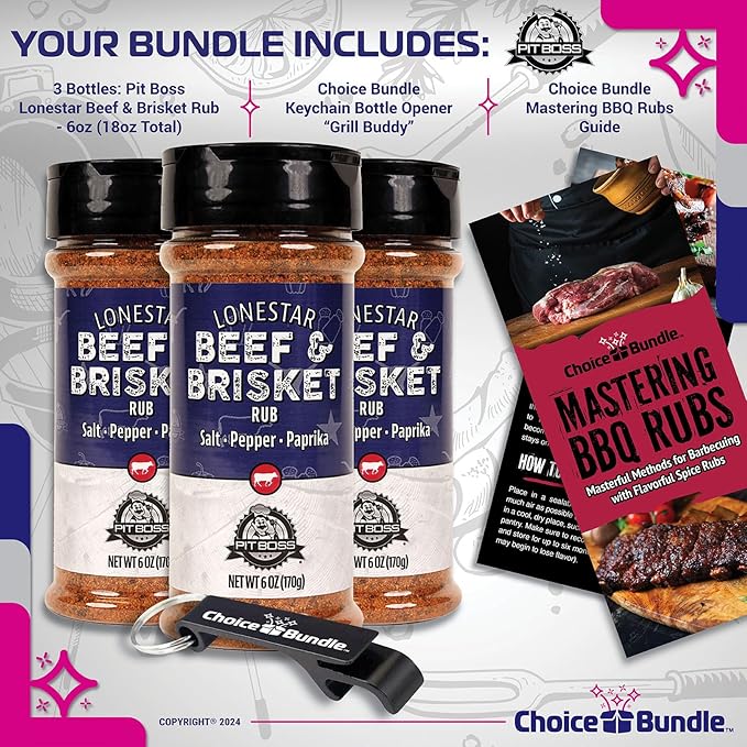 Pit Boss Lonestar Brisket - Texas Style Premium BBQ Barbecue Mixed Seasoning Spice &amp Rub 3 Pk Choice Bundle (18 oz) + Guide &amp Bottle Opener (5 Items)!