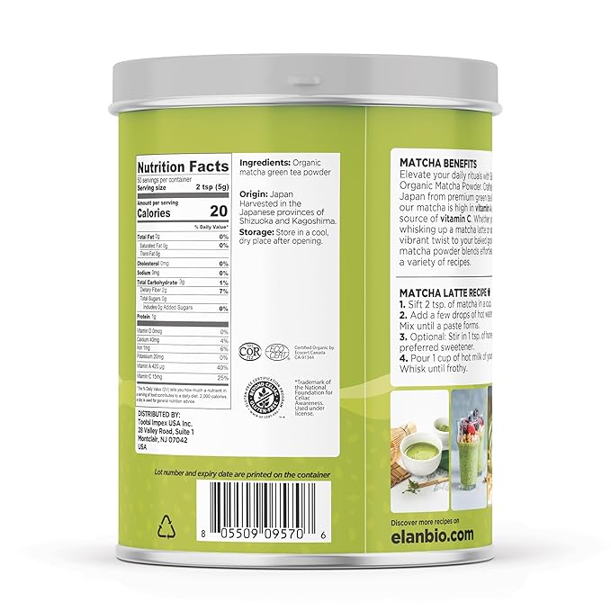 Elan Organic Matcha Tea Powder Non-GMO Vegan Gluten-Free  8.8 oz (Pack of 6)