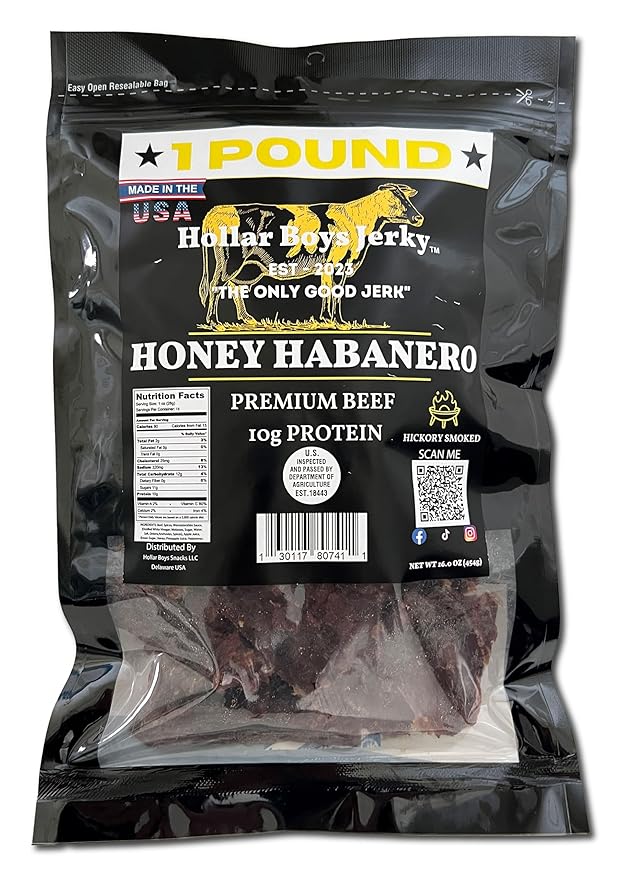 Hollar Boys Snacks Honey Habanero Beef Jerky One Pound Resealable Bag Low Carb USA Made
