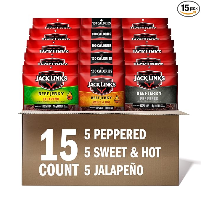 Jack Link's Beef Jerky Bold Variety Pack - Includes Sweet &amp Hot Jalapeno and Peppered Jerky Bulk Protein Snack Pack Good Source of Protein Meat Snacks Made with 100% Beef - 1.25 Oz (Pack of 15