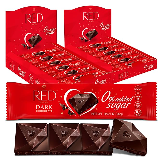 Red Delight Dark Chocolate Snack Bars - Pack of 24 Diamond-Shaped Vegan Chocolates (22.08oz) with Rich Cocoa Flavor - European-Style Dark Chocolates - No Added Sugar Gluten-Free and Kosher Certified