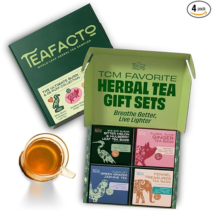 Tea Facto Herbal Tea Sampler Set Depuff Collection with Bitter Melon Mulberry Leaf Ginger Pear &amp Green Grapes Jasmine - Fancy Tea Sampler Gift Set Box - Natural Fiber Zero Added Sugar - 40 Cou