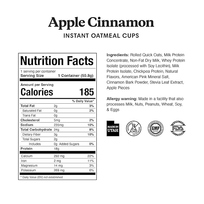 ProDough High Protein Instant Oatmeal Cup 18g of Protein per Serving No Added Sugars Low Carb Healthy Breakfast Cup Incredible Taste (12pk Apple Cinnamon)