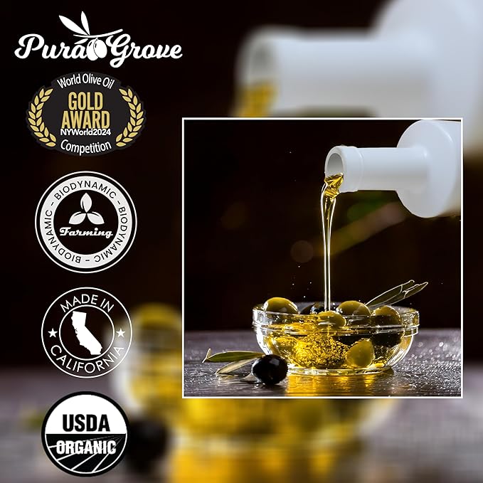 Pura Grove Organic Cold Pressed Extra Virgin Olive Oil Premium Grade - High Polyphenol - Hand Harvested &amp California Grown - 16.9Oz Opaque Glass Bottle 2024 Harvest 2025 Bottled